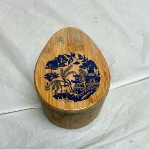 Vintage Blue Willow Wood-Bamboo Tea, Coffee or Sugar Jar